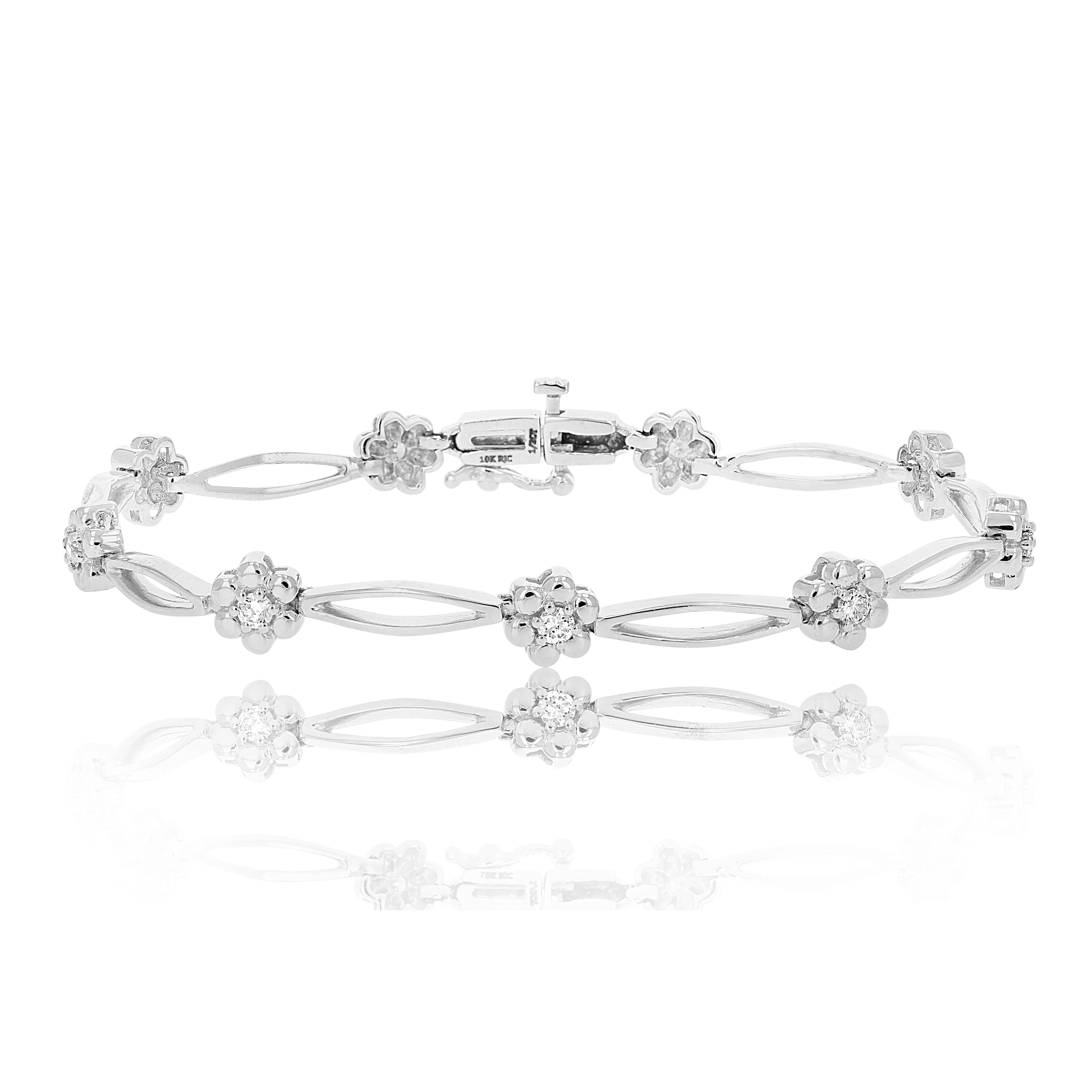 1/2 cttw SI2-I1 Diamond Bracelet 10K White Gold Flower Shape Clover 6.5 Inch