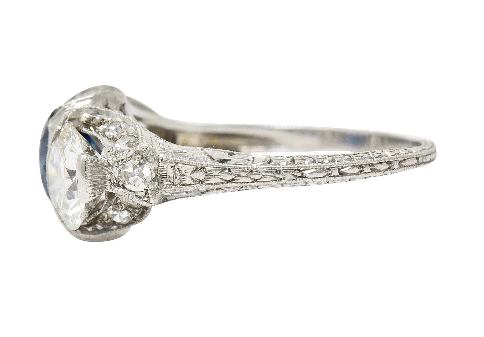 Art Deco 3.78 CTW No Heat Cambodian Sapphire Old European Cut Diamond Platinum Foliate Festoon Three Stone Ring GIA