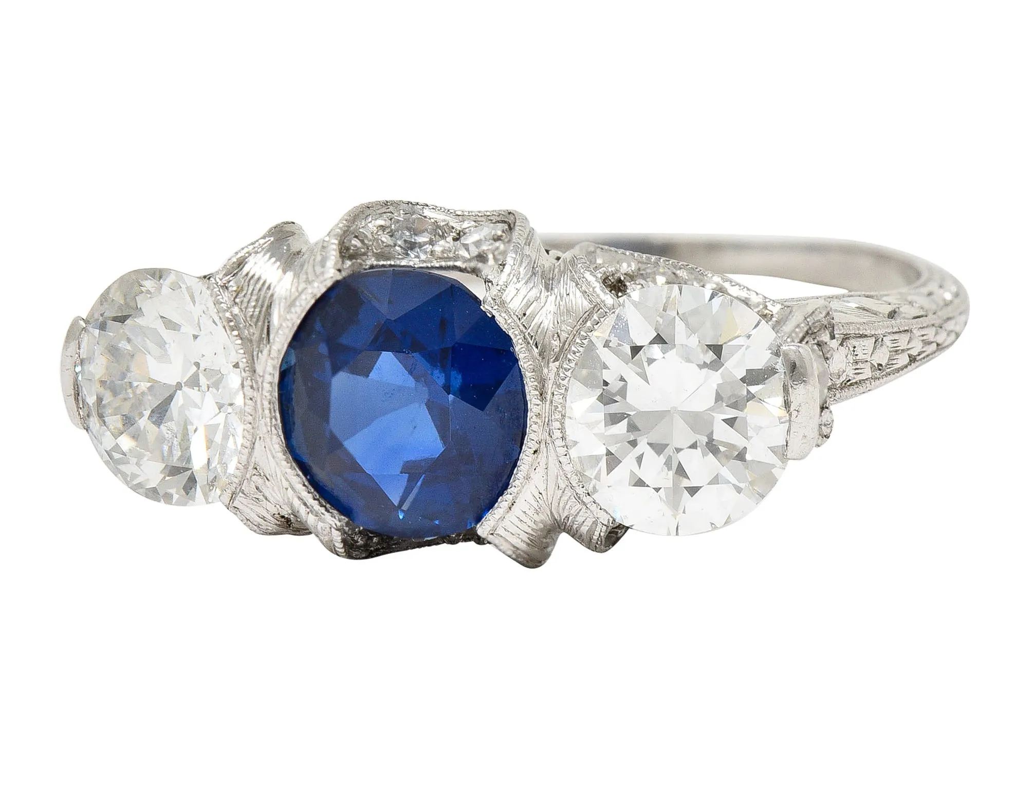 Art Deco 3.78 CTW No Heat Cambodian Sapphire Old European Cut Diamond Platinum Foliate Festoon Three Stone Ring GIA