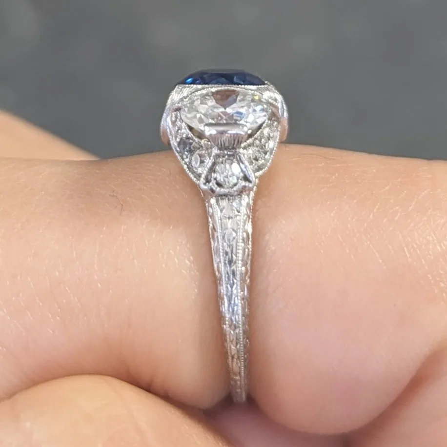 Art Deco 3.78 CTW No Heat Cambodian Sapphire Old European Cut Diamond Platinum Foliate Festoon Three Stone Ring GIA