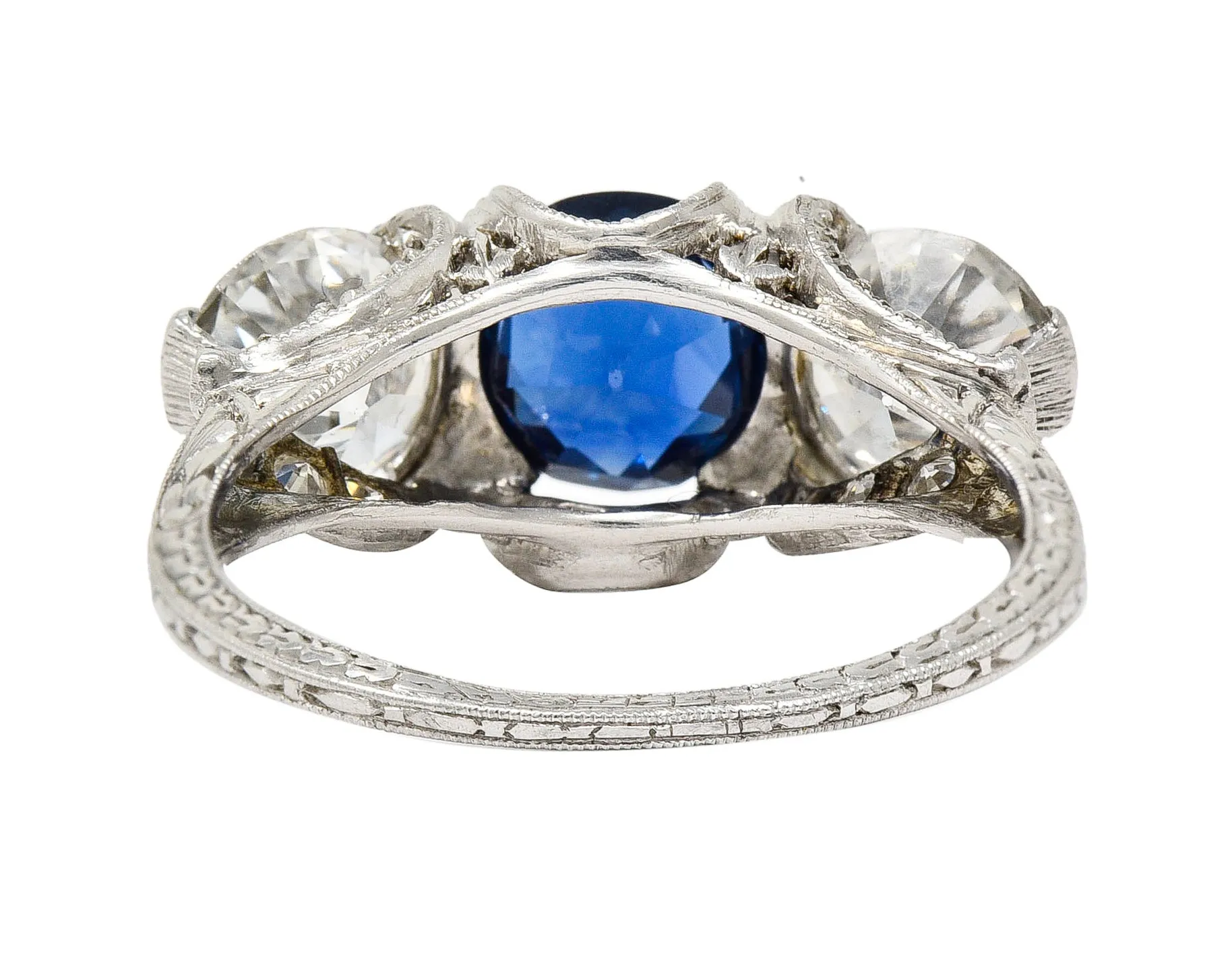 Art Deco 3.78 CTW No Heat Cambodian Sapphire Old European Cut Diamond Platinum Foliate Festoon Three Stone Ring GIA