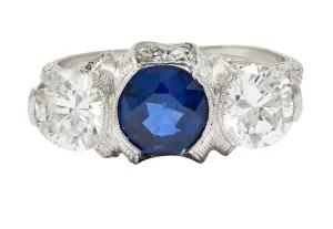 Art Deco 3.78 CTW No Heat Cambodian Sapphire Old European Cut Diamond Platinum Foliate Festoon Three Stone Ring GIA