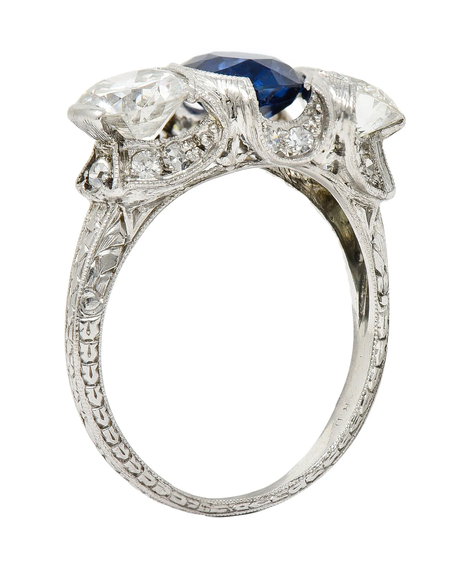 Art Deco 3.78 CTW No Heat Cambodian Sapphire Old European Cut Diamond Platinum Foliate Festoon Three Stone Ring GIA