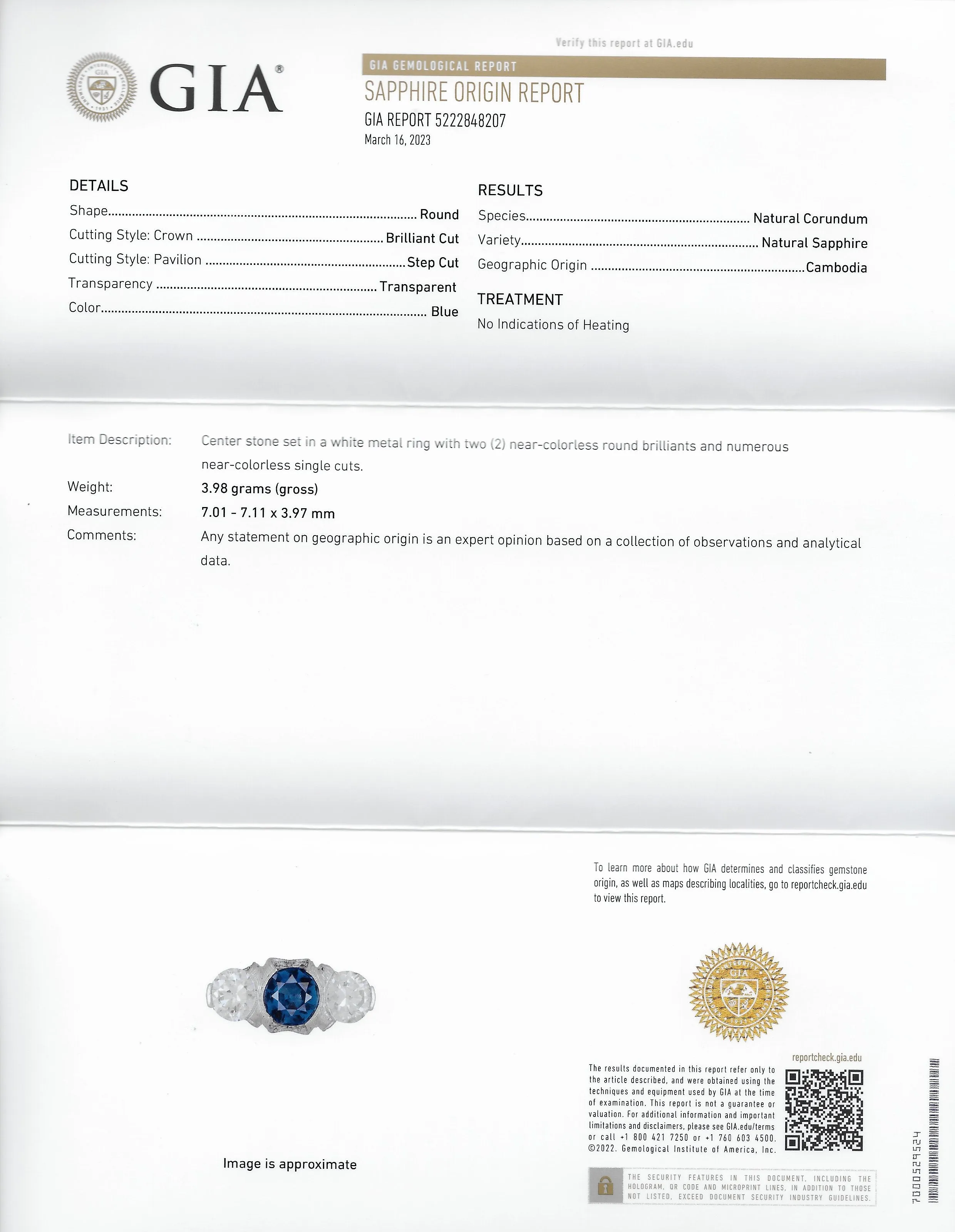 Art Deco 3.78 CTW No Heat Cambodian Sapphire Old European Cut Diamond Platinum Foliate Festoon Three Stone Ring GIA