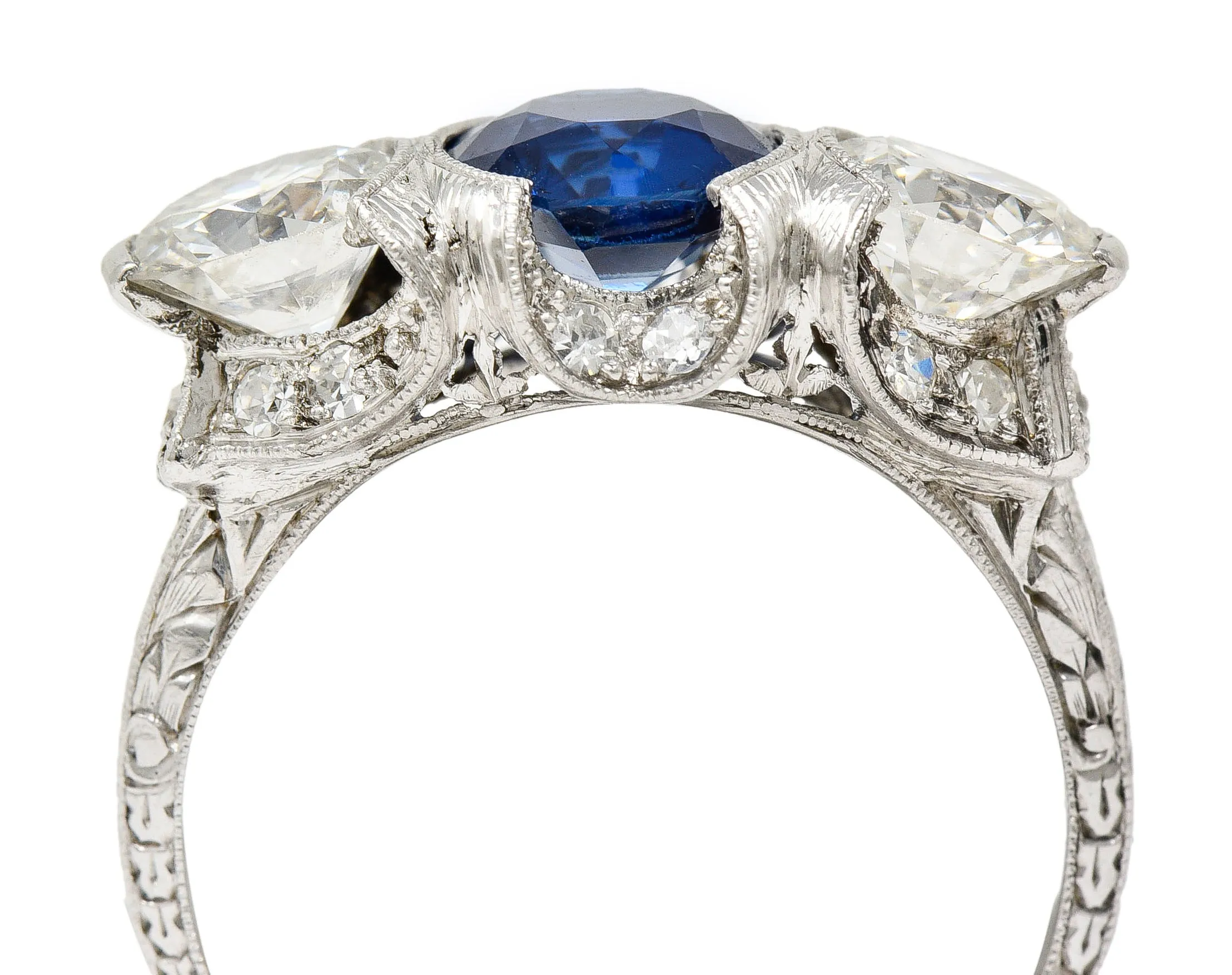 Art Deco 3.78 CTW No Heat Cambodian Sapphire Old European Cut Diamond Platinum Foliate Festoon Three Stone Ring GIA