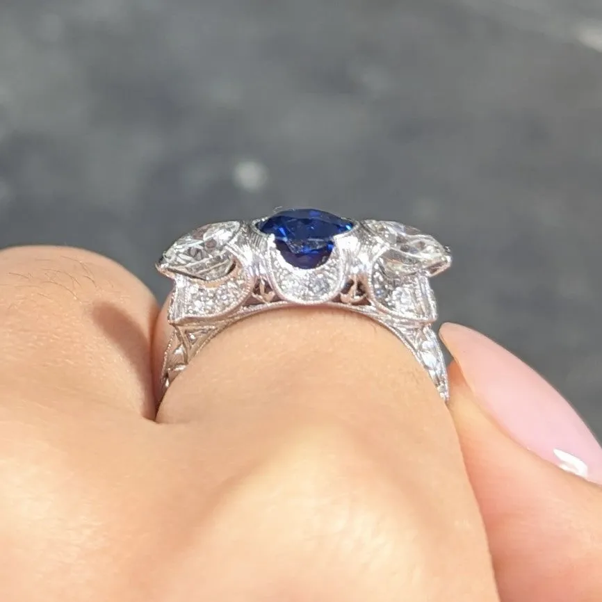 Art Deco 3.78 CTW No Heat Cambodian Sapphire Old European Cut Diamond Platinum Foliate Festoon Three Stone Ring GIA