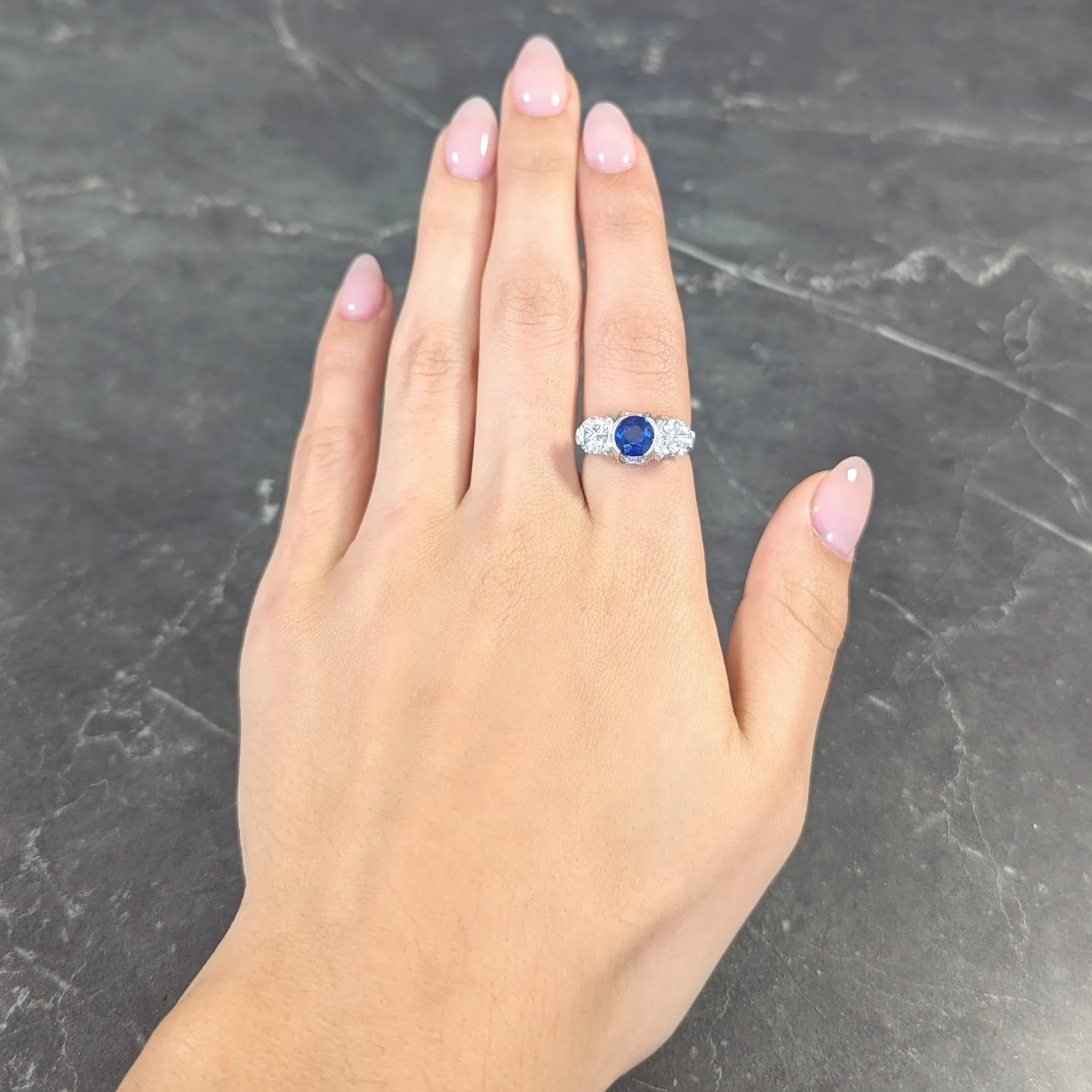 Art Deco 3.78 CTW No Heat Cambodian Sapphire Old European Cut Diamond Platinum Foliate Festoon Three Stone Ring GIA