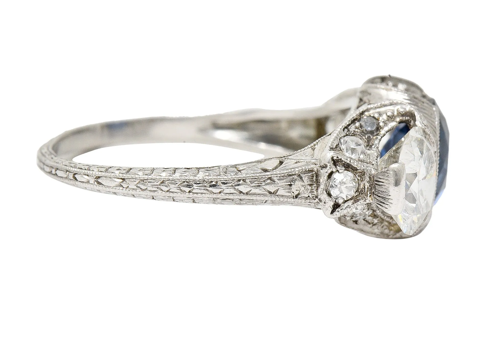 Art Deco 3.78 CTW No Heat Cambodian Sapphire Old European Cut Diamond Platinum Foliate Festoon Three Stone Ring GIA