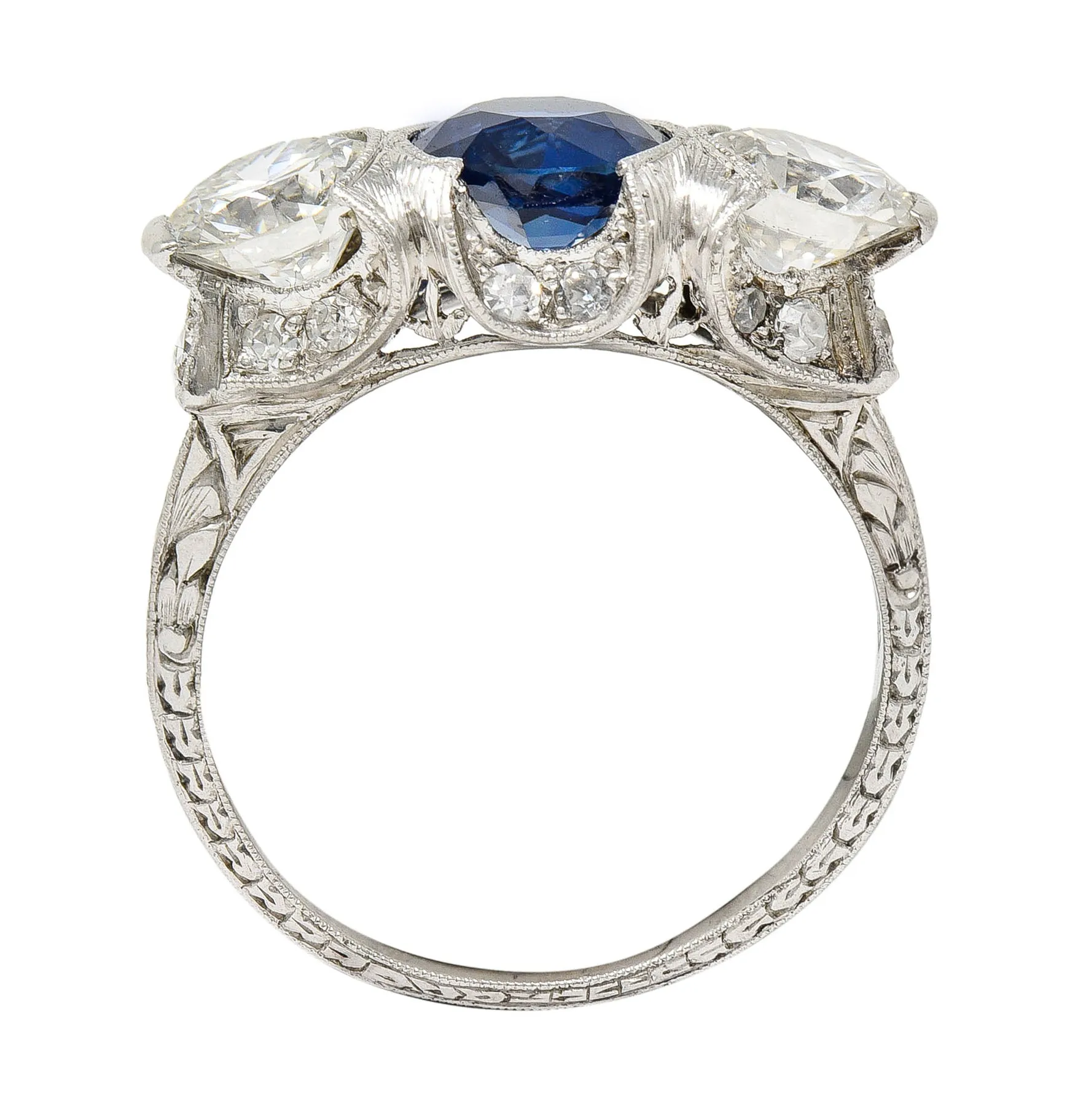 Art Deco 3.78 CTW No Heat Cambodian Sapphire Old European Cut Diamond Platinum Foliate Festoon Three Stone Ring GIA