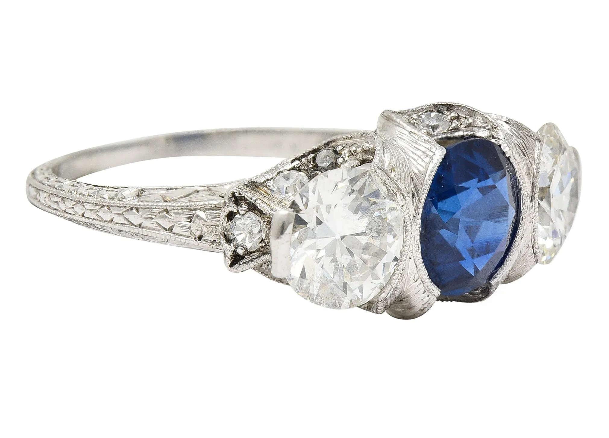 Art Deco 3.78 CTW No Heat Cambodian Sapphire Old European Cut Diamond Platinum Foliate Festoon Three Stone Ring GIA