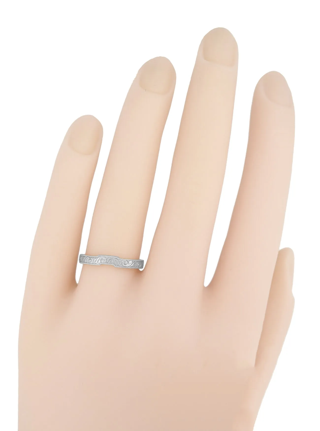 Art Deco Scrolls Contoured Engraved Wedding Band in Platinum