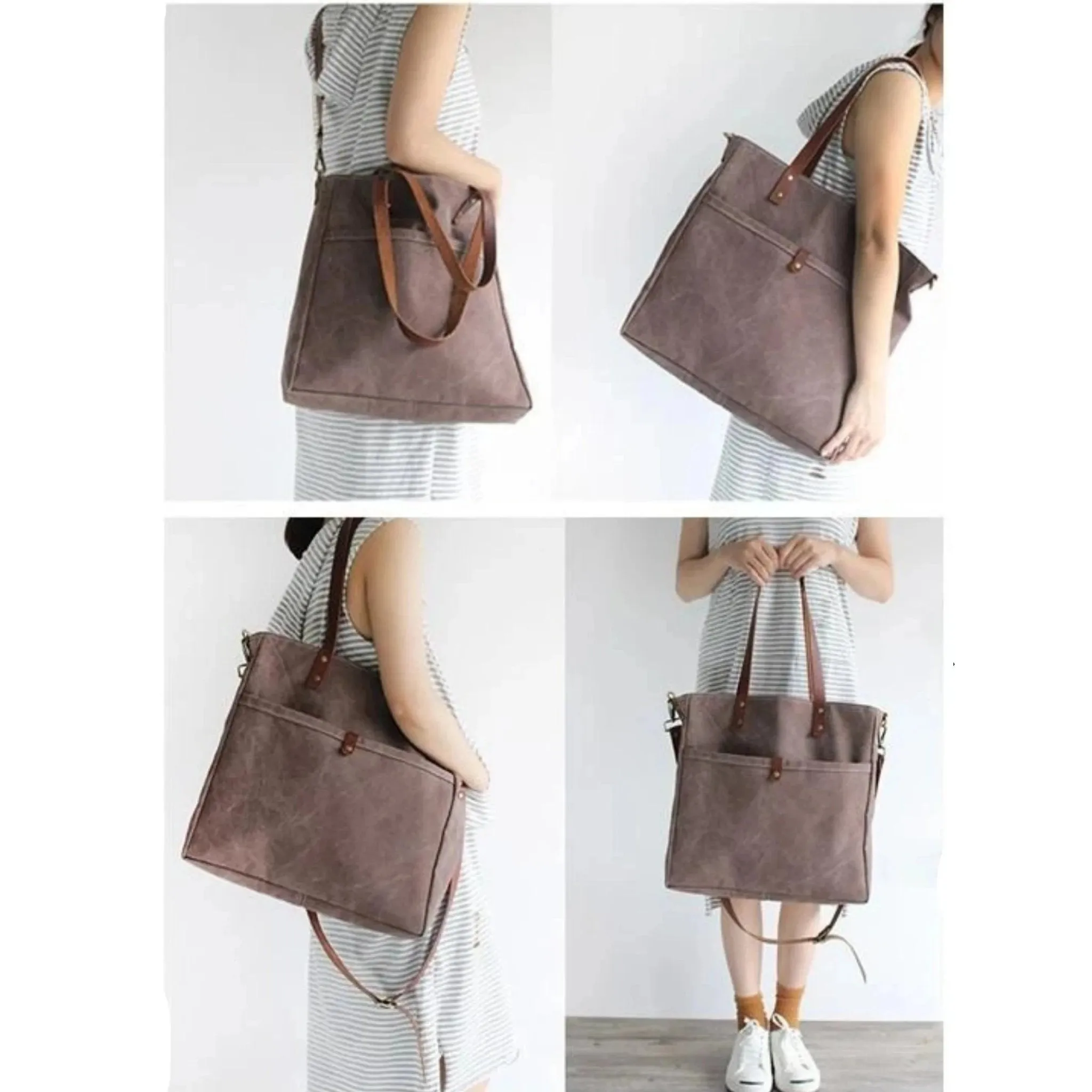 Handmade Canvas Leather Tote Messenger Handbag | Coffee