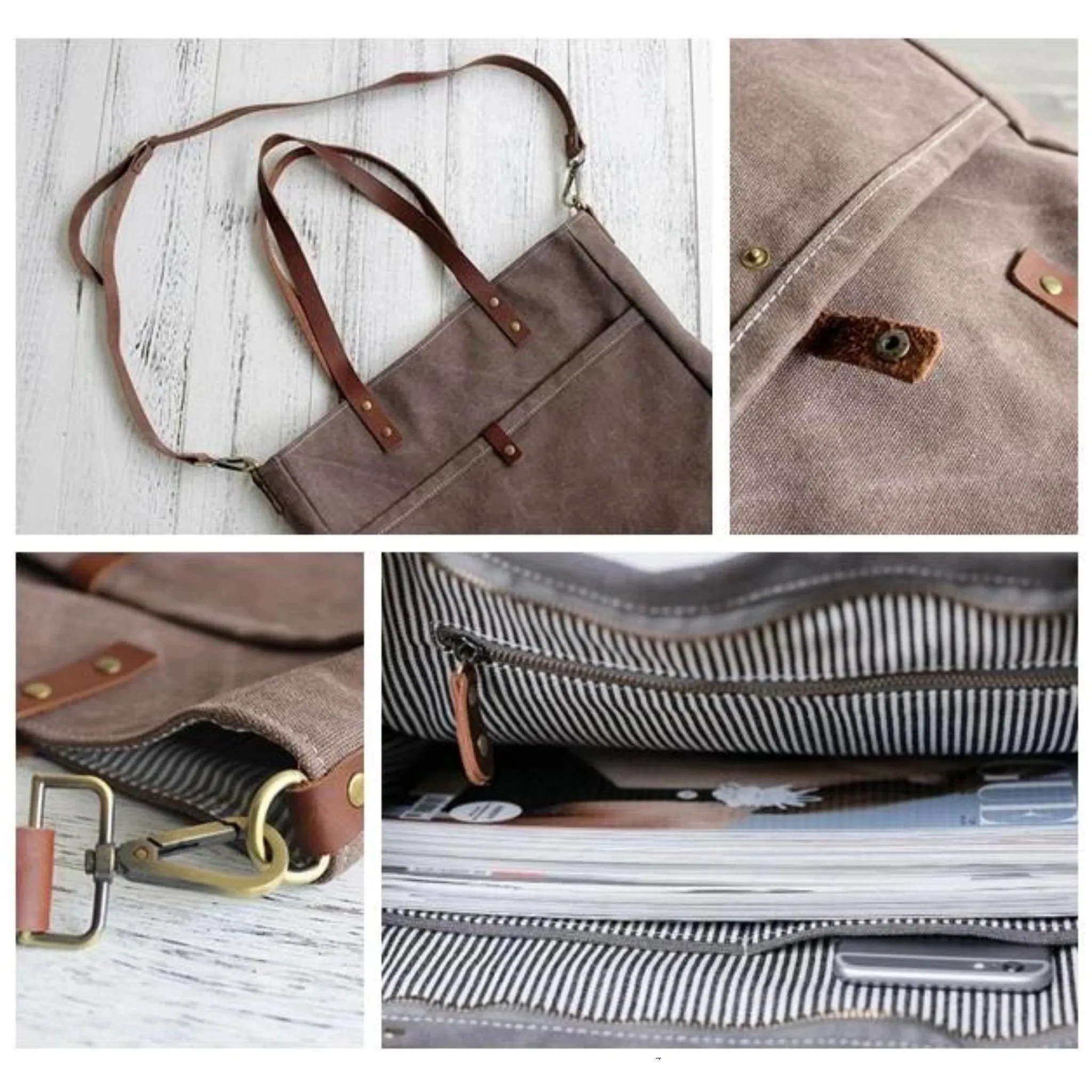 Handmade Canvas Leather Tote Messenger Handbag | Coffee