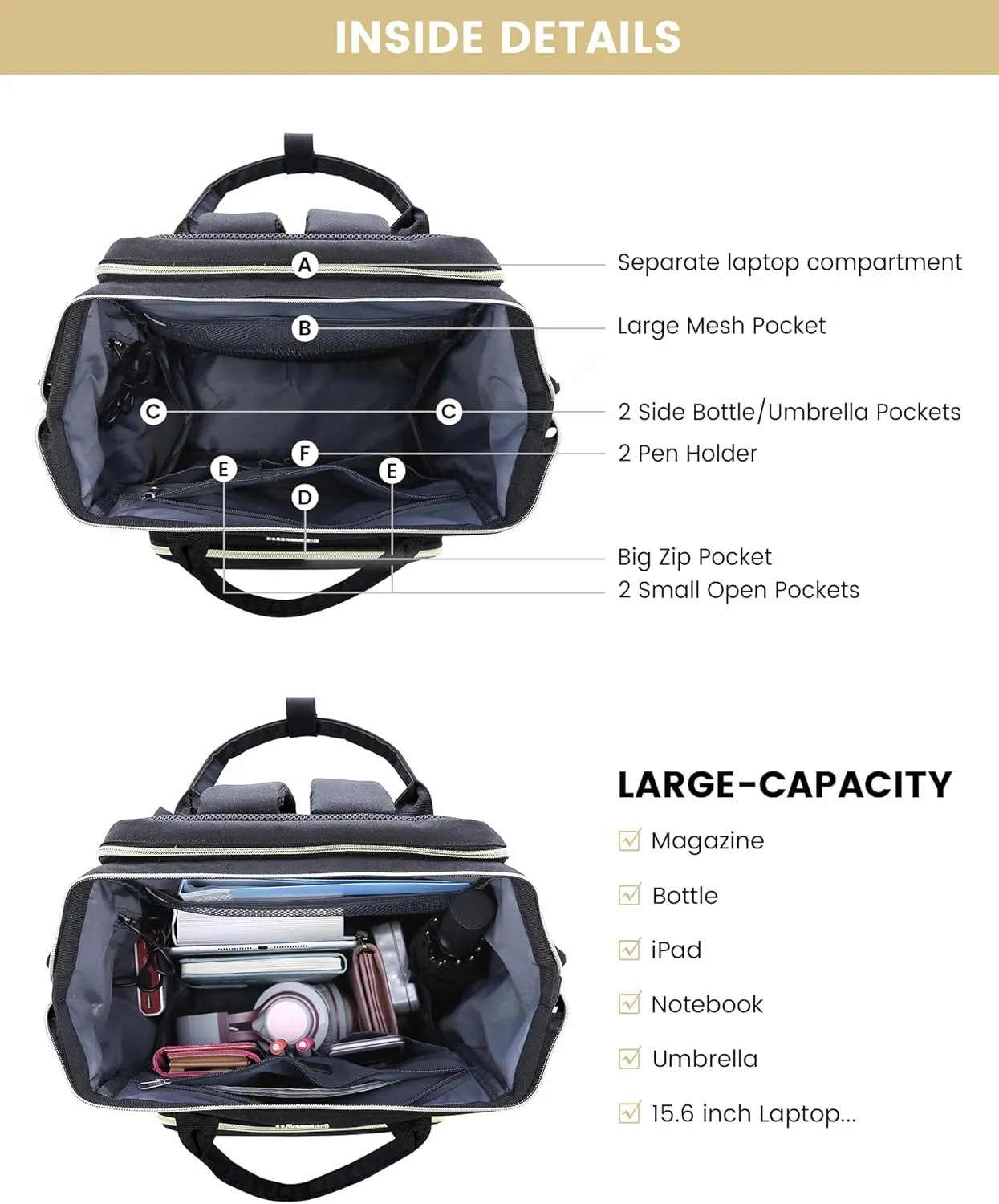 LOVEVOOK Laptop Backpack for Women, Travel with Compartment, Water Resistant Teacher Nurse Backpack, Anti-theft Back Pack Charger Work Doctor, 15.6-Inch, Black