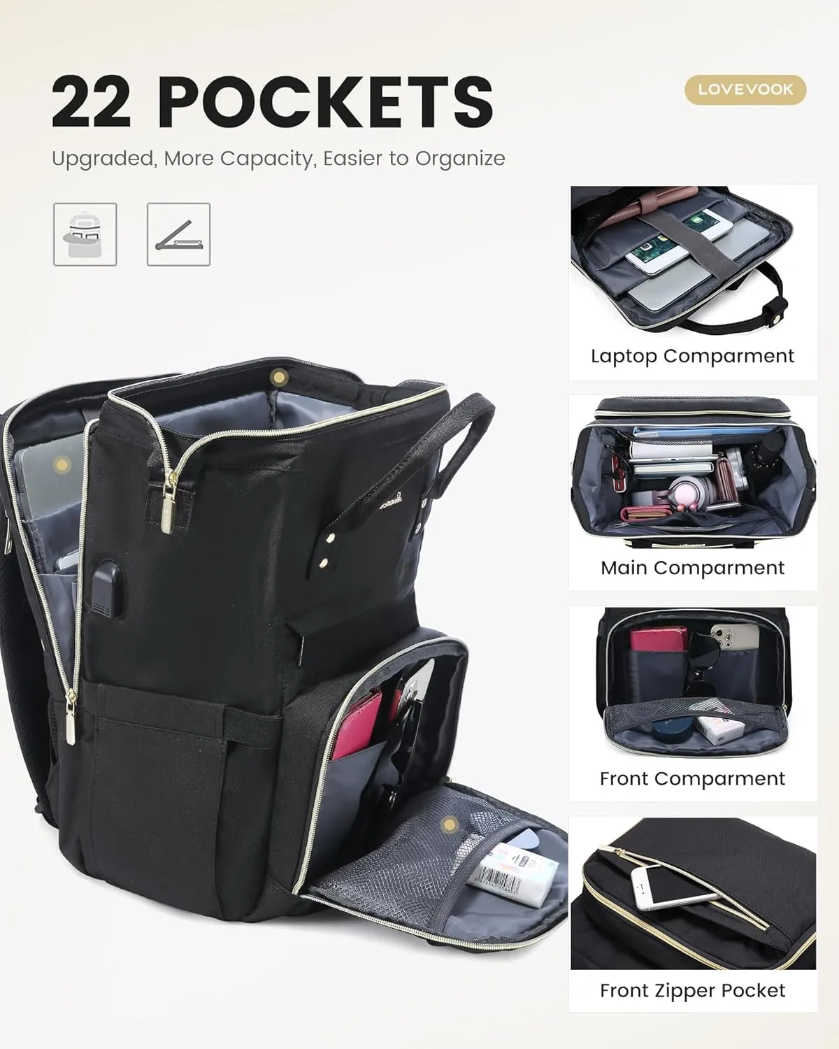 LOVEVOOK Laptop Backpack for Women, Travel with Compartment, Water Resistant Teacher Nurse Backpack, Anti-theft Back Pack Charger Work Doctor, 15.6-Inch, Black