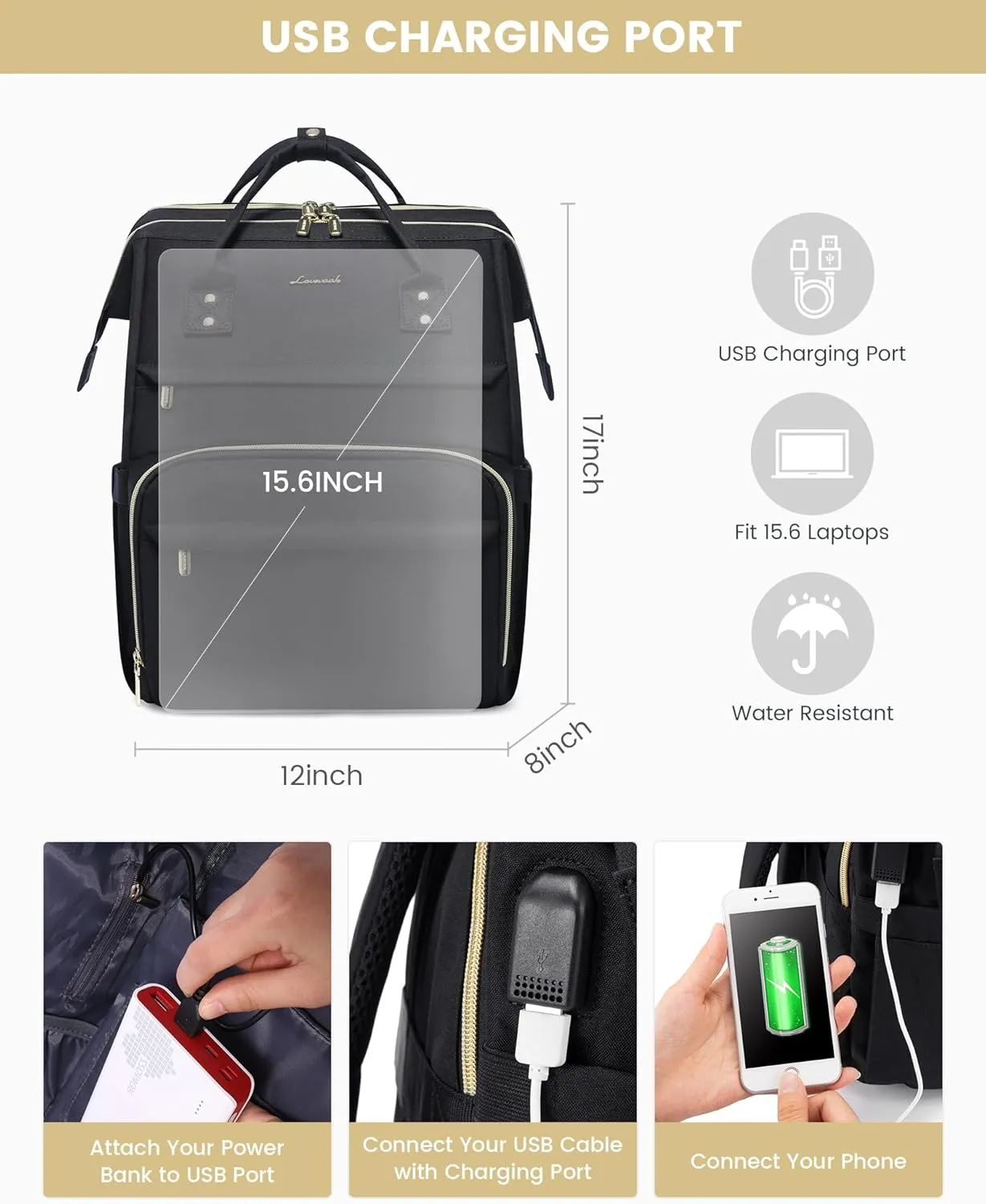 LOVEVOOK Laptop Backpack for Women, Travel with Compartment, Water Resistant Teacher Nurse Backpack, Anti-theft Back Pack Charger Work Doctor, 15.6-Inch, Black