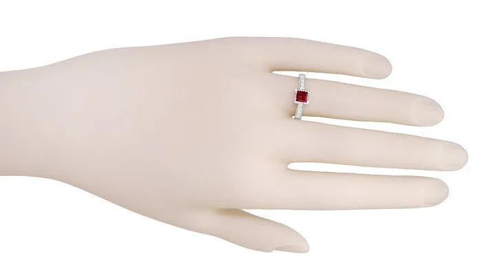 Platinum Art Deco 1/2 Carat Square Ruby and Diamond Castle Engagement Ring