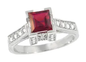 Platinum Art Deco 1/2 Carat Square Ruby and Diamond Castle Engagement Ring