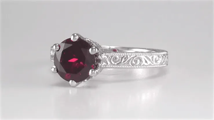Platinum Art Deco Filigree Scrolls 1.5 Carat Rhodolite Garnet Crown Solitaire Engagement Ring