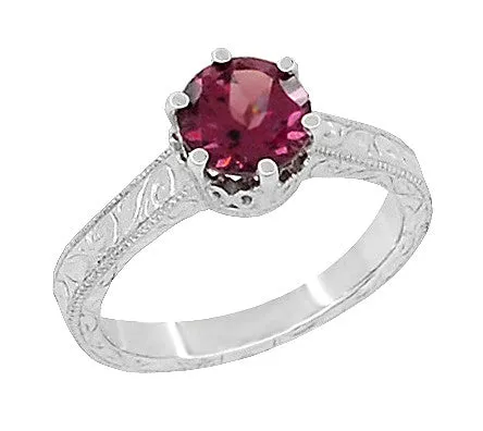 Platinum Art Deco Filigree Scrolls 1.5 Carat Rhodolite Garnet Crown Solitaire Engagement Ring
