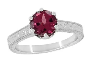 Platinum Art Deco Filigree Scrolls 1.5 Carat Rhodolite Garnet Crown Solitaire Engagement Ring