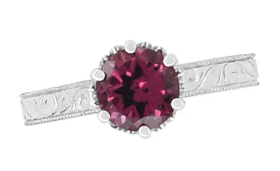 Platinum Art Deco Filigree Scrolls 1.5 Carat Rhodolite Garnet Crown Solitaire Engagement Ring