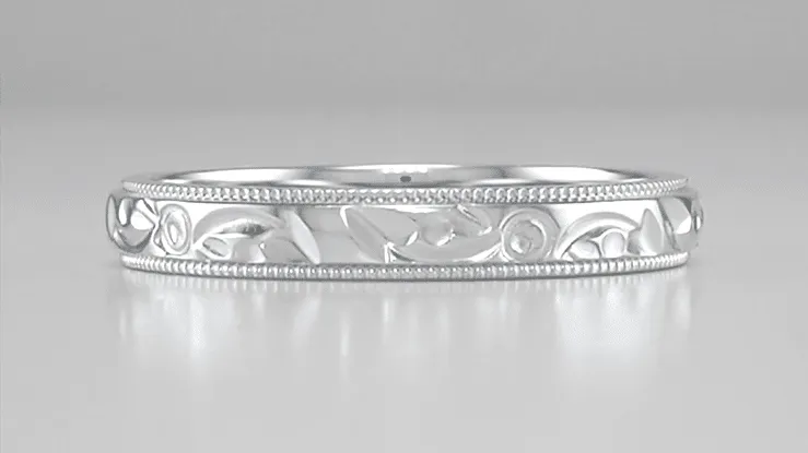 Platinum Art Deco Flowers and Leaves Millgrain Edge Engraved Vintage Style Wedding Band - 3mm Wide