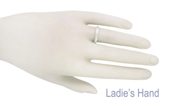 Platinum Art Deco Flowers and Leaves Millgrain Edge Engraved Vintage Style Wedding Band - 3mm Wide