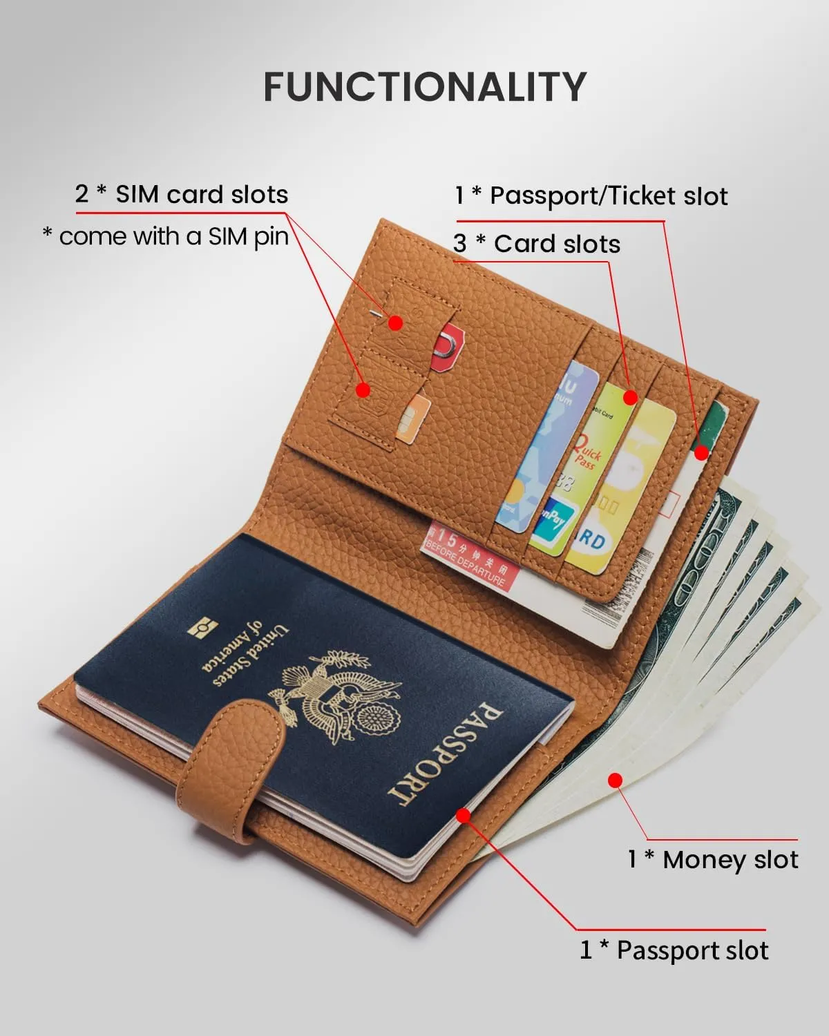 RFID Passport Holder Travel Wallet Compact for Women, Leather Passport Wallet with Card Holders,Zippered Coins Pocket and Cash Compartment, Brown