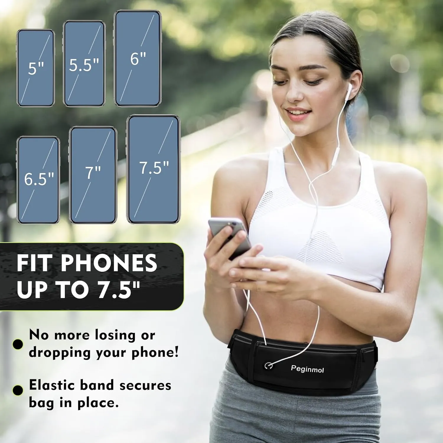 Slim Running Belt Fanny Pack, Waist Pack Bag for Women Men, Running Pouch for Phone Waterproof Reflective with 3 Pouches, Running Phone Holder for Sports, Traveling (Black)