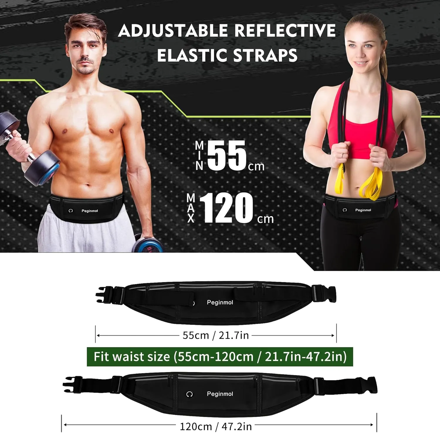 Slim Running Belt Fanny Pack, Waist Pack Bag for Women Men, Running Pouch for Phone Waterproof Reflective with 3 Pouches, Running Phone Holder for Sports, Traveling (Black)