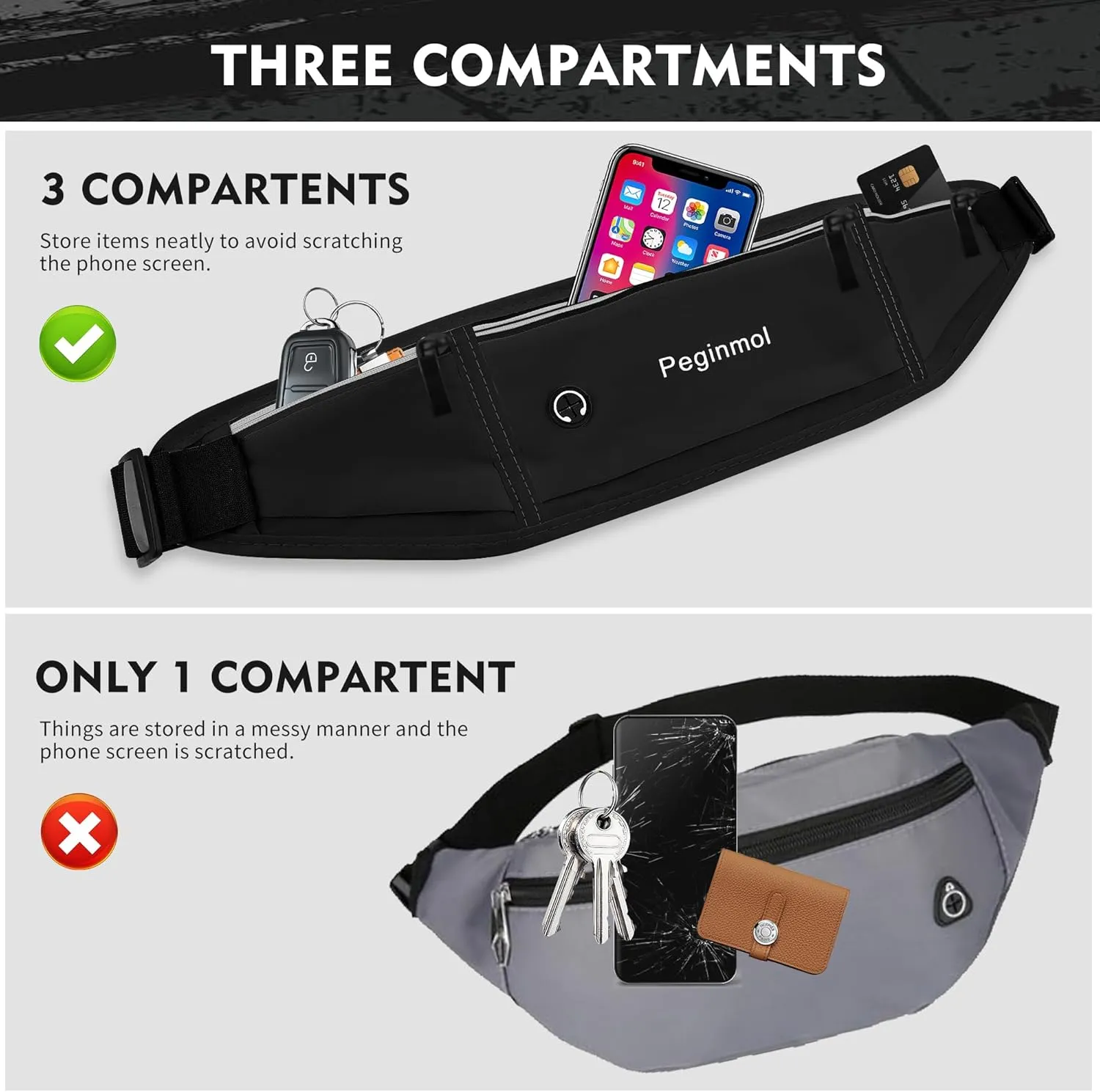 Slim Running Belt Fanny Pack, Waist Pack Bag for Women Men, Running Pouch for Phone Waterproof Reflective with 3 Pouches, Running Phone Holder for Sports, Traveling (Black)