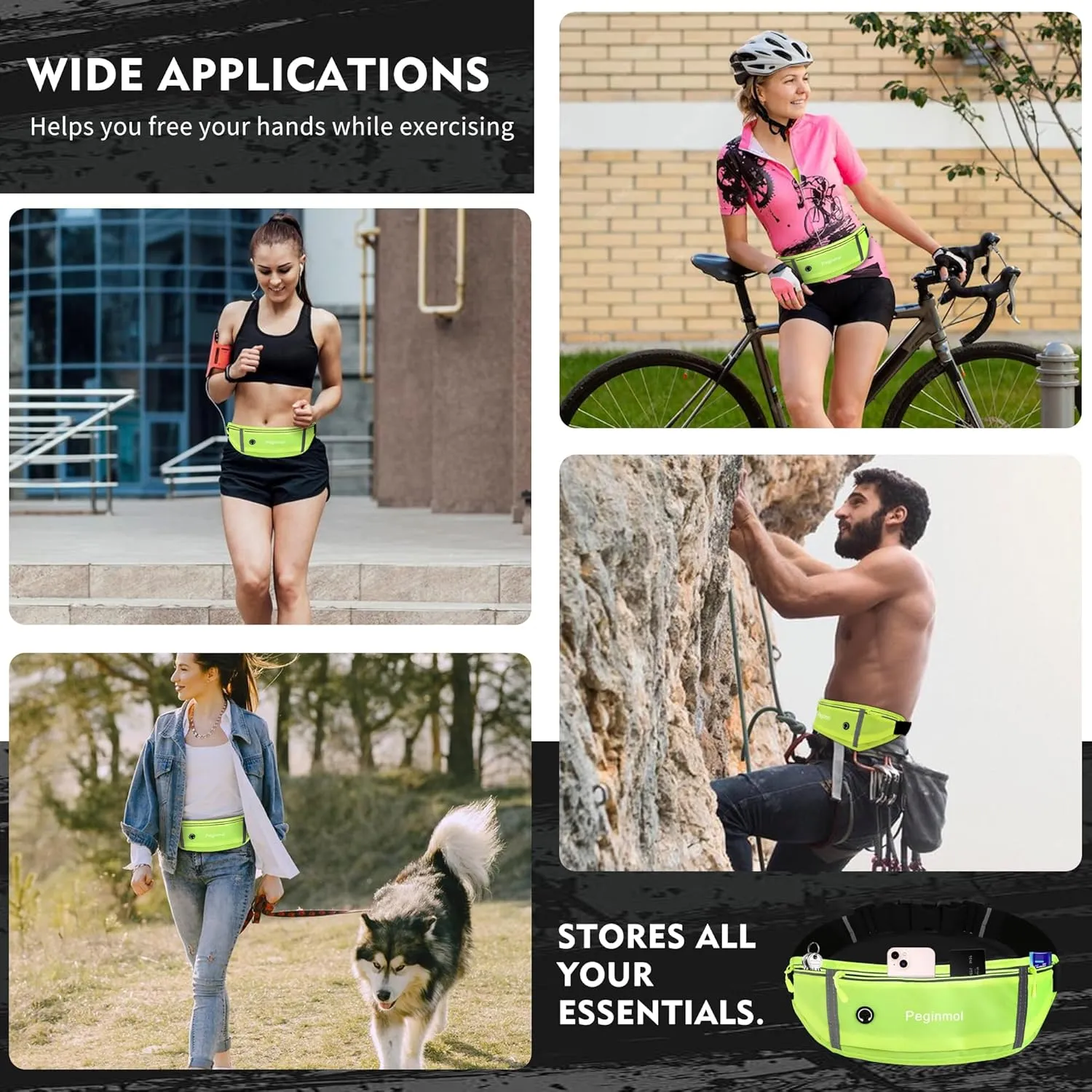 Slim Running Belt Fanny Pack, Waist Pack Bag for Women Men, Running Pouch for Phone Waterproof Reflective with 3 Pouches, Running Phone Holder for Sports, Traveling (Green)