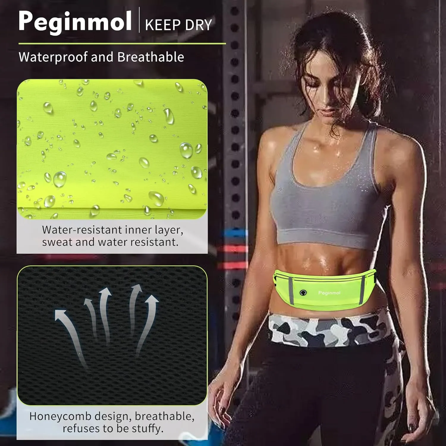 Slim Running Belt Fanny Pack, Waist Pack Bag for Women Men, Running Pouch for Phone Waterproof Reflective with 3 Pouches, Running Phone Holder for Sports, Traveling (Green)