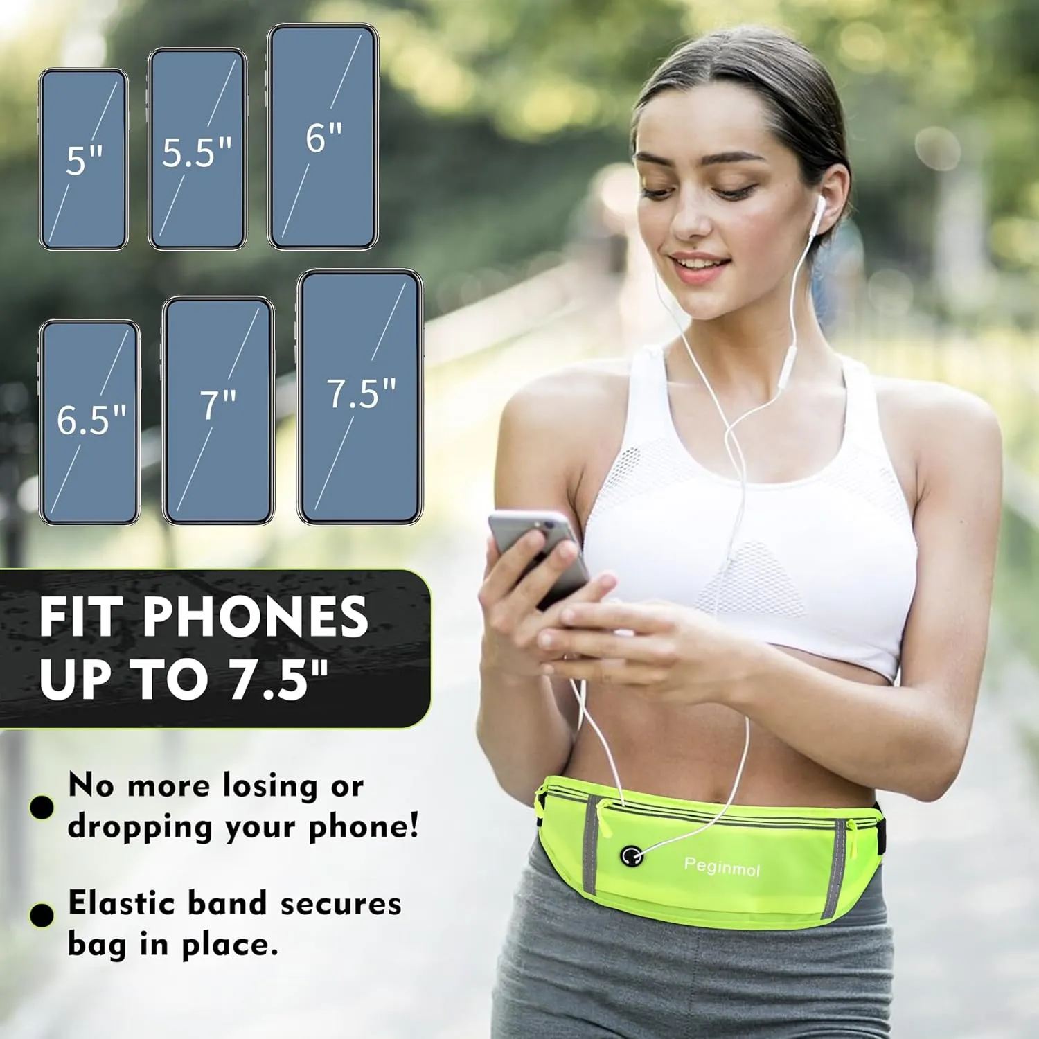 Slim Running Belt Fanny Pack, Waist Pack Bag for Women Men, Running Pouch for Phone Waterproof Reflective with 3 Pouches, Running Phone Holder for Sports, Traveling (Green)