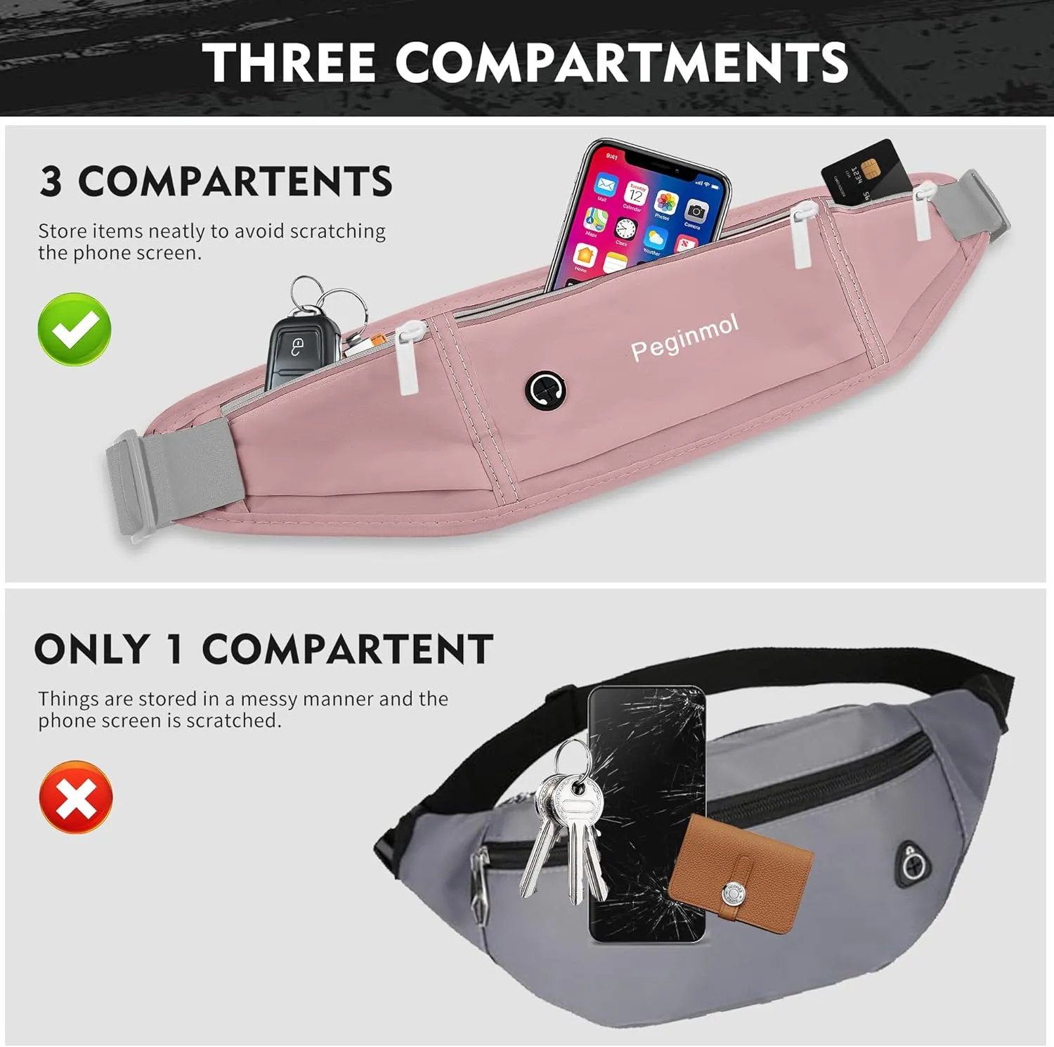 Slim Running Belt Fanny Pack, Waist Pack Bag for Women Men, Running Pouch for Phone Waterproof Reflective with 3 Pouches, Running Phone Holder for Sports, Traveling (Pink)