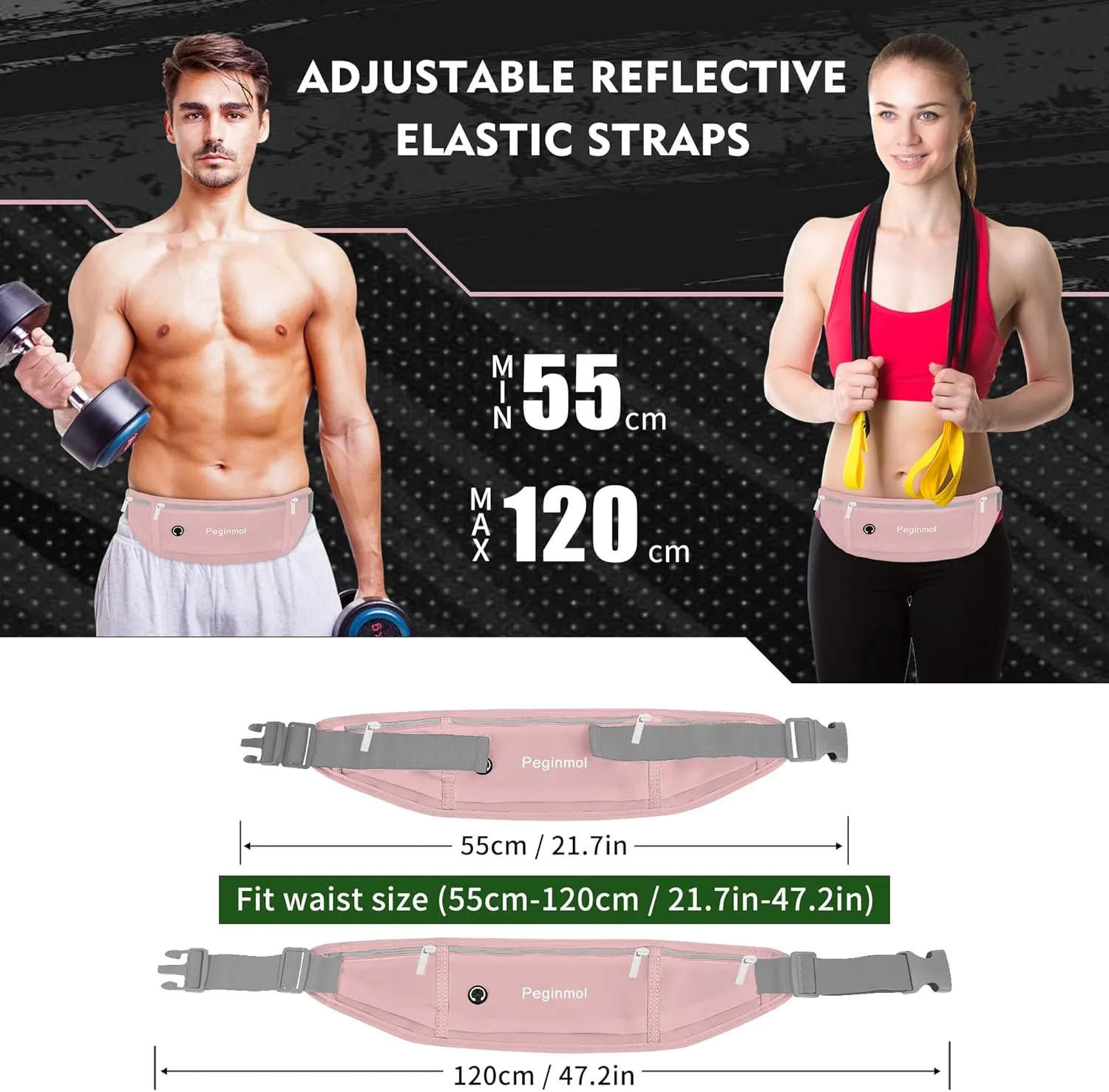 Slim Running Belt Fanny Pack, Waist Pack Bag for Women Men, Running Pouch for Phone Waterproof Reflective with 3 Pouches, Running Phone Holder for Sports, Traveling (Pink)