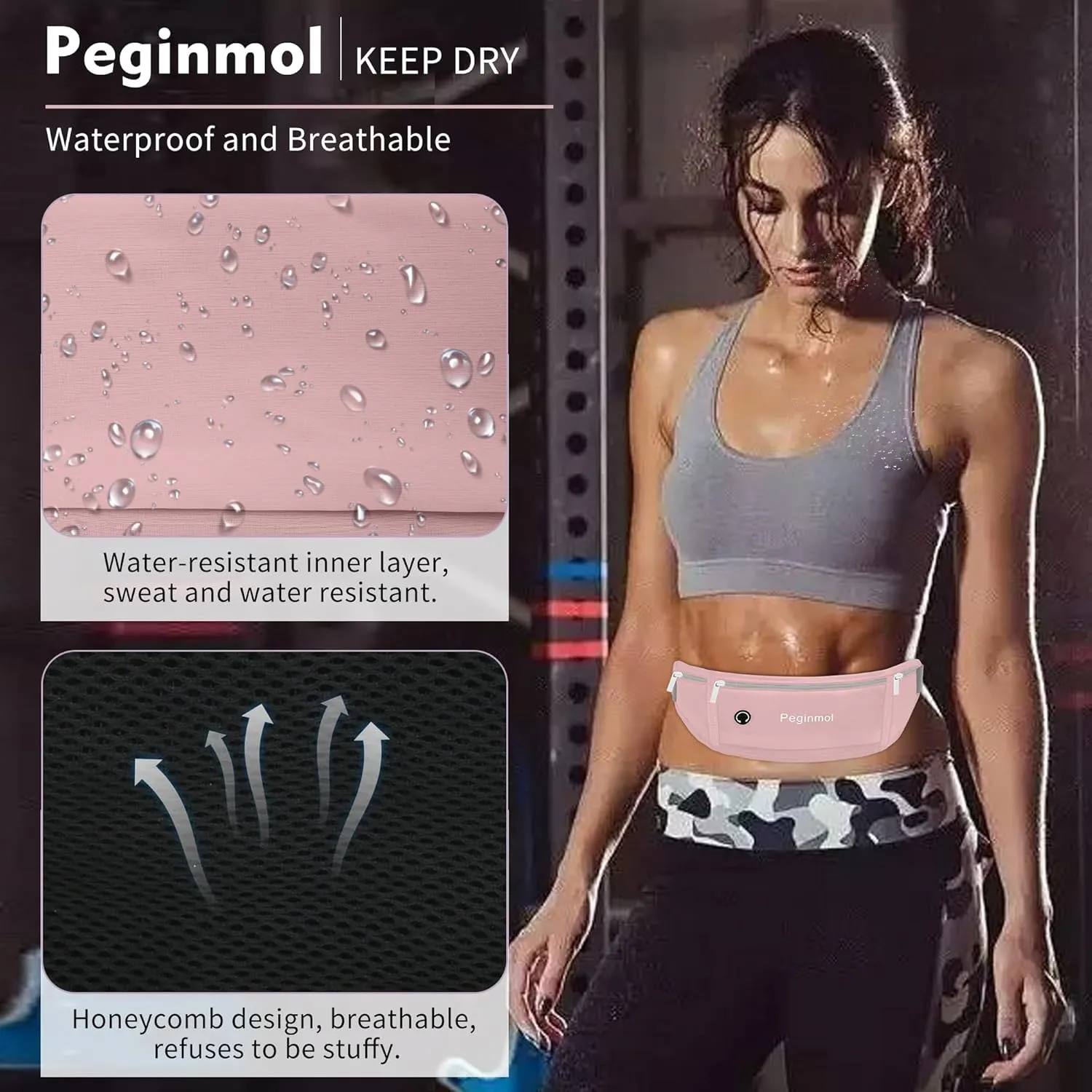 Slim Running Belt Fanny Pack, Waist Pack Bag for Women Men, Running Pouch for Phone Waterproof Reflective with 3 Pouches, Running Phone Holder for Sports, Traveling (Pink)