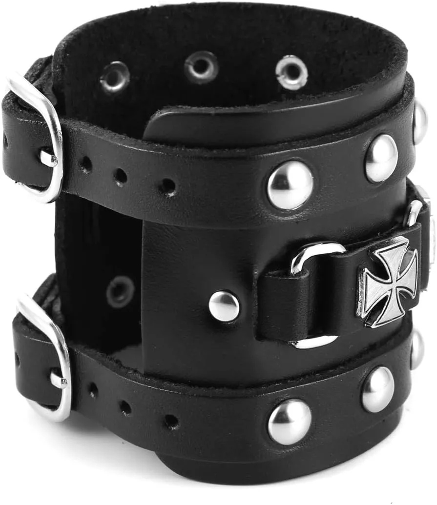 STWTR Men's Wide Cuff Wristband Punk Rock Motorbike Wide Belt Leather Bracelet