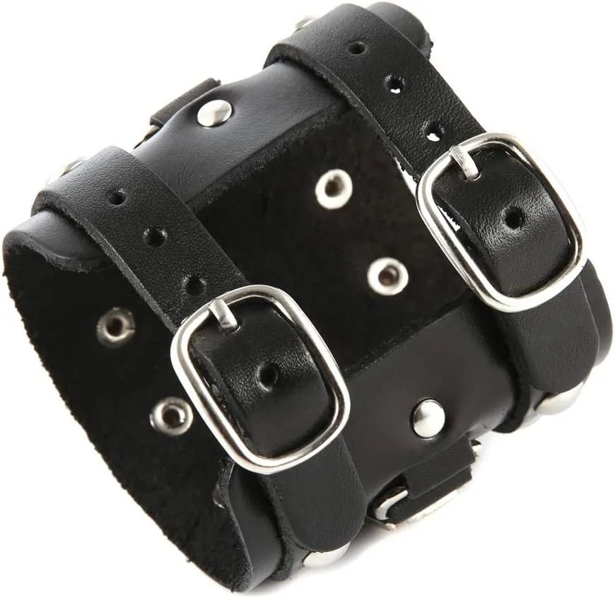 STWTR Men's Wide Cuff Wristband Punk Rock Motorbike Wide Belt Leather Bracelet