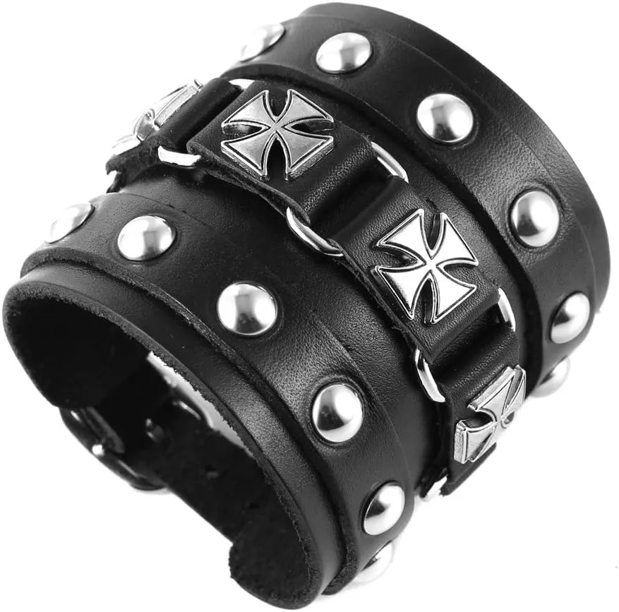 STWTR Men's Wide Cuff Wristband Punk Rock Motorbike Wide Belt Leather Bracelet