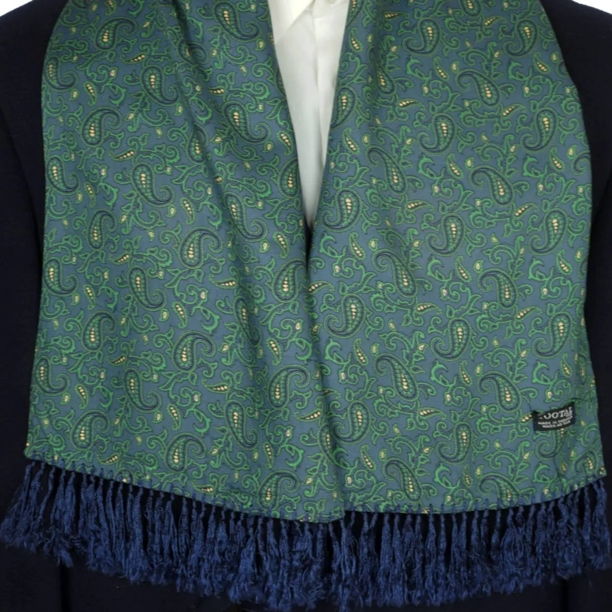 Vintage Tootal Fringed Paisley Scarf Blue and Green 1940s 50s Mens Fashion