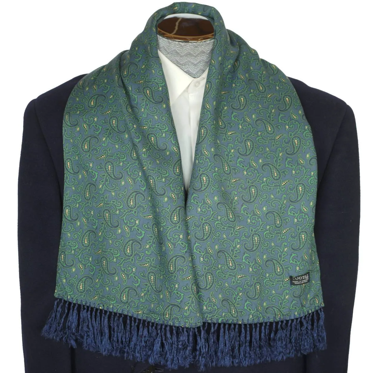 Vintage Tootal Fringed Paisley Scarf Blue and Green 1940s 50s Mens Fashion