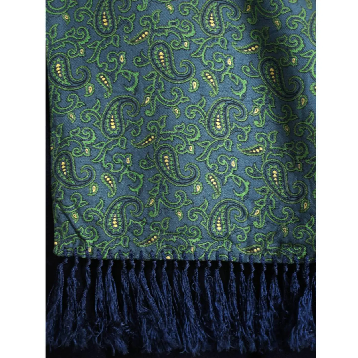 Vintage Tootal Fringed Paisley Scarf Blue and Green 1940s 50s Mens Fashion