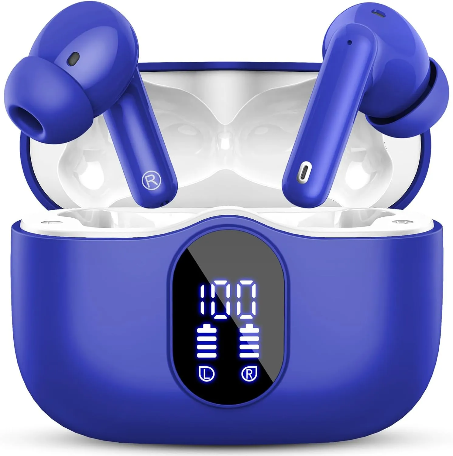 Wireless Earbuds Bluetooth 5.4 Headphones Bass Stereo Ear Buds with Noise Cancelling Mic LED Display in Ear Earphones IP7 Waterproof 36H Playtime for Laptop Pad Phones Sports Workout Blue