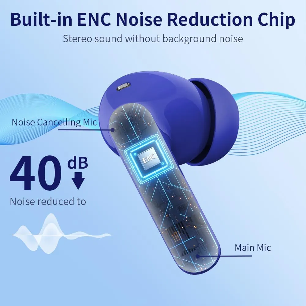 Wireless Earbuds Bluetooth 5.4 Headphones Bass Stereo Ear Buds with Noise Cancelling Mic LED Display in Ear Earphones IP7 Waterproof 36H Playtime for Laptop Pad Phones Sports Workout Blue