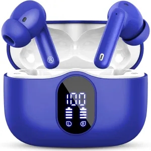 Wireless Earbuds Bluetooth 5.4 Headphones Bass Stereo Ear Buds with Noise Cancelling Mic LED Display in Ear Earphones IP7 Waterproof 36H Playtime for Laptop Pad Phones Sports Workout Blue