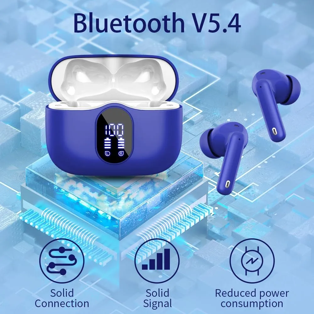 Wireless Earbuds Bluetooth 5.4 Headphones Bass Stereo Ear Buds with Noise Cancelling Mic LED Display in Ear Earphones IP7 Waterproof 36H Playtime for Laptop Pad Phones Sports Workout Blue