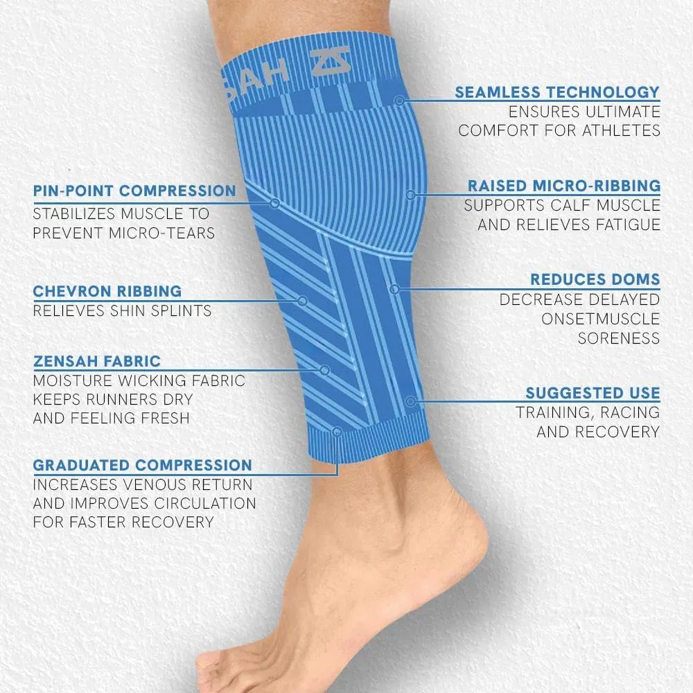 Zensah Calf/Shin Compression Sleeve - Made in the USA Single Leg Compression Sleeve for Shin Splint Relief, Recovery, Running